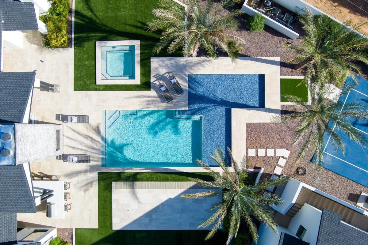 Aerial of pool and spa, built by Bel Aire