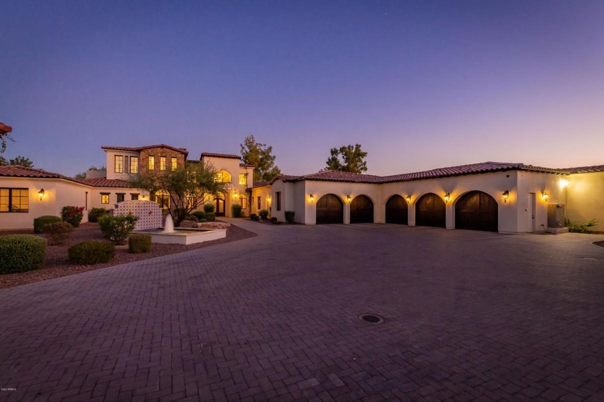 Desert hacienda at twilight, built by Bel Aire