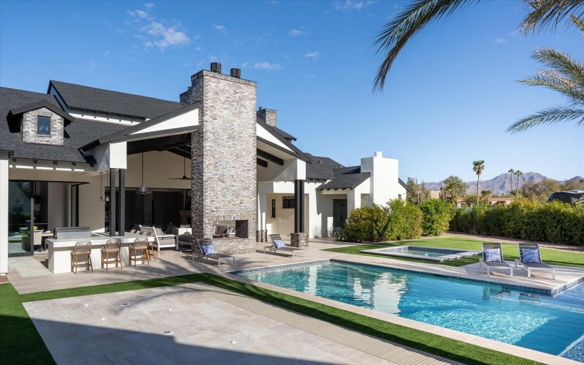 Modern farmhouse, rear elevation, built by Bel Aire
